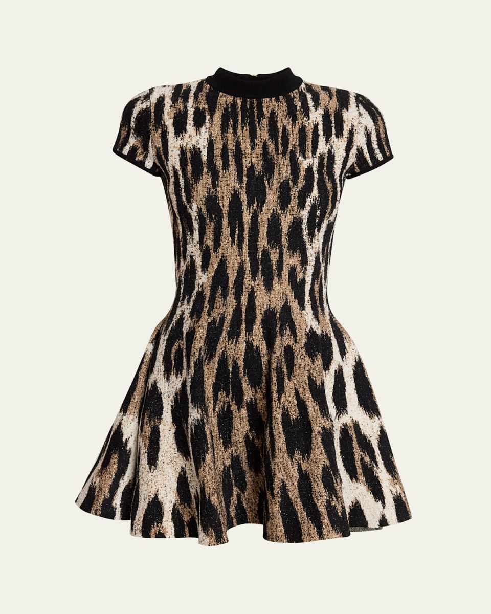 Leopard Jacquard Fit-&-Flare Mini Dress